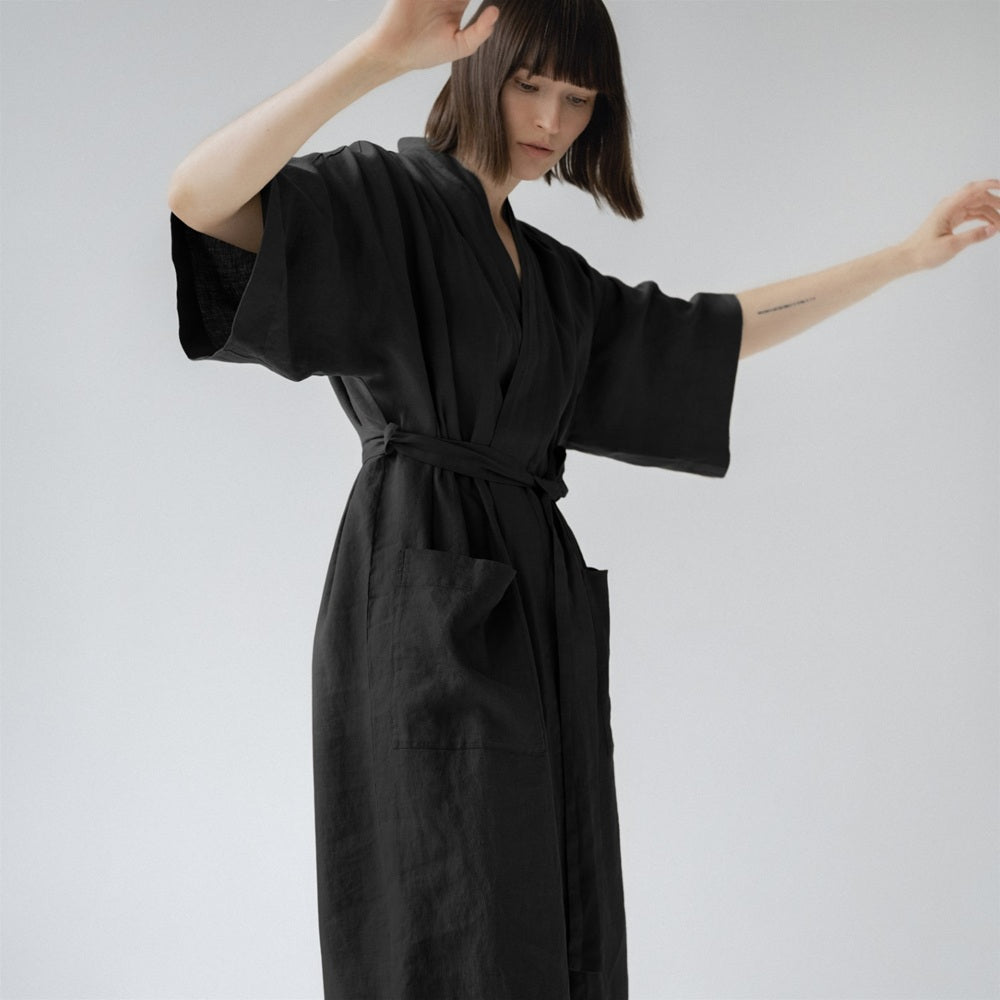 Summer Linen Bathrobe - Black