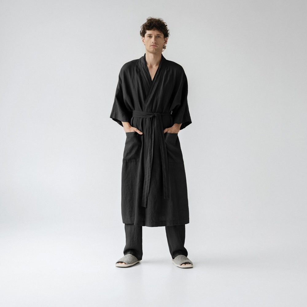 Summer Linen Bathrobe - Black