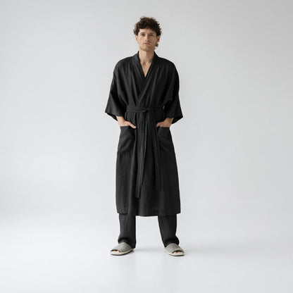 Summer Linen Bathrobe - Black