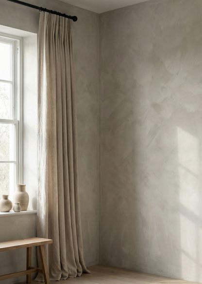 Beige curtain in a room with light-colored walls and wooden floor.