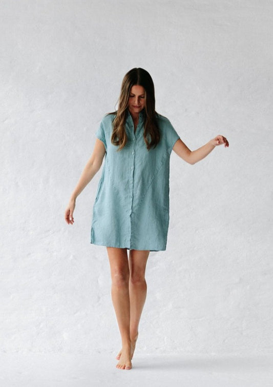 Short Linen shirt dress | Dusty Blue