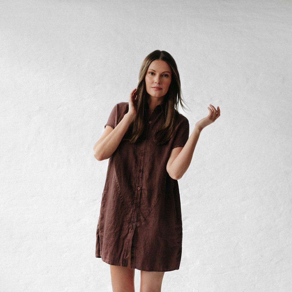 Short Linen shirt dress | Brown