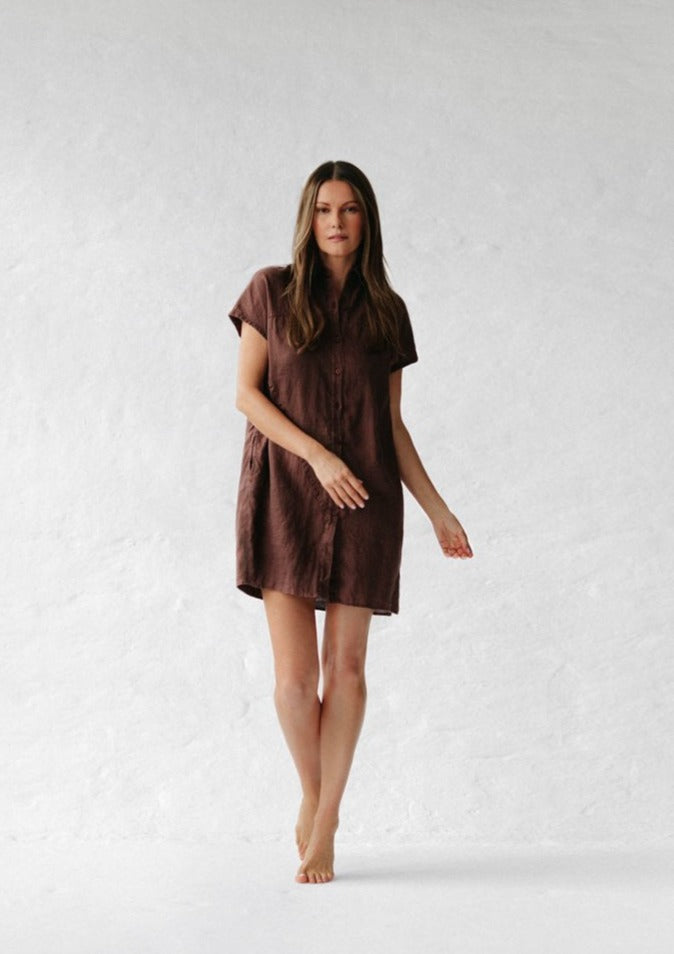 Short Linen shirt dress | Brown