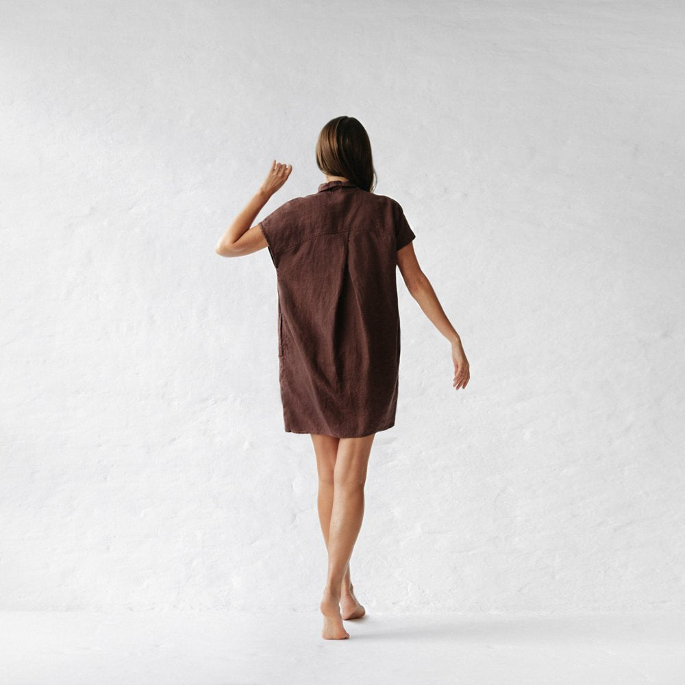 Short Linen shirt dress | Brown