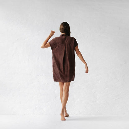 Short Linen shirt dress | Brown