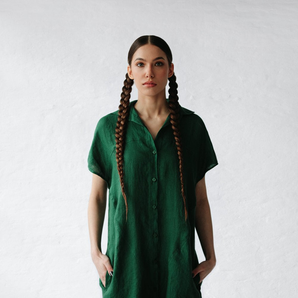 Short Linen shirt dress | Green