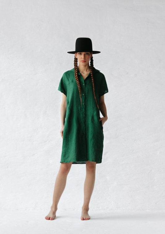 Short Linen shirt dress | Green