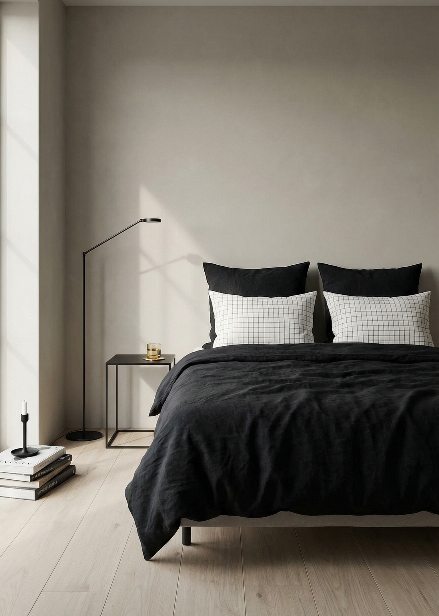 Modern bedroom with a bed, nightstands, and minimal decor.