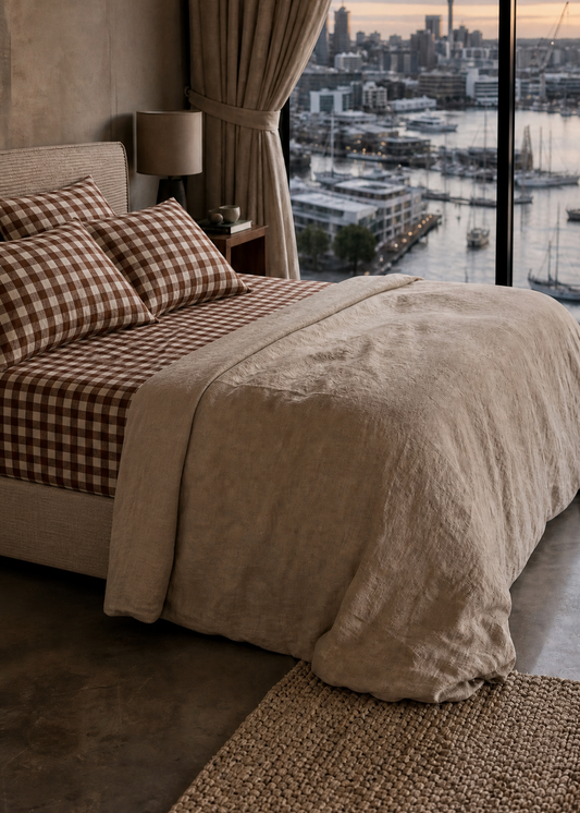 Modern bedroom with a bed covered in dark green bedding, a side table with a lamp, and a wall art piece.