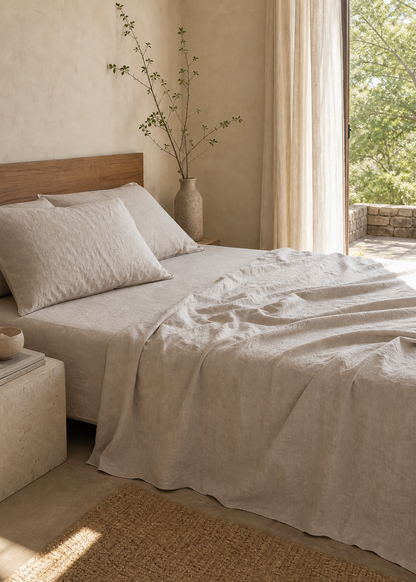 A neatly made bed with light beige linen bedding and white pillows in a softly lit bedroom with a wooden headboard, textured walls, sheer curtains, and a window showing greenery outside.