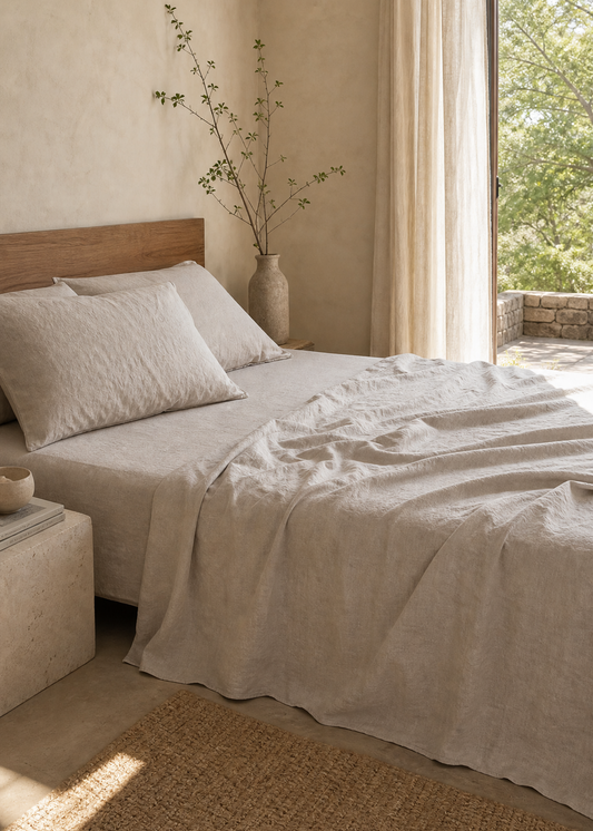 A neatly made bed with light beige linen bedding and white pillows in a softly lit bedroom with a wooden headboard, textured walls, sheer curtains, and a window showing greenery outside.