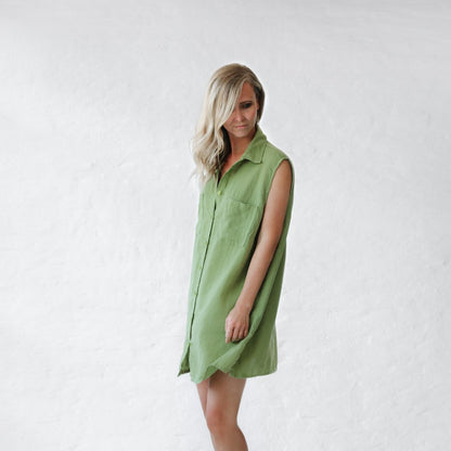 Sleeveless Linen Shirt Dress | Pea Green