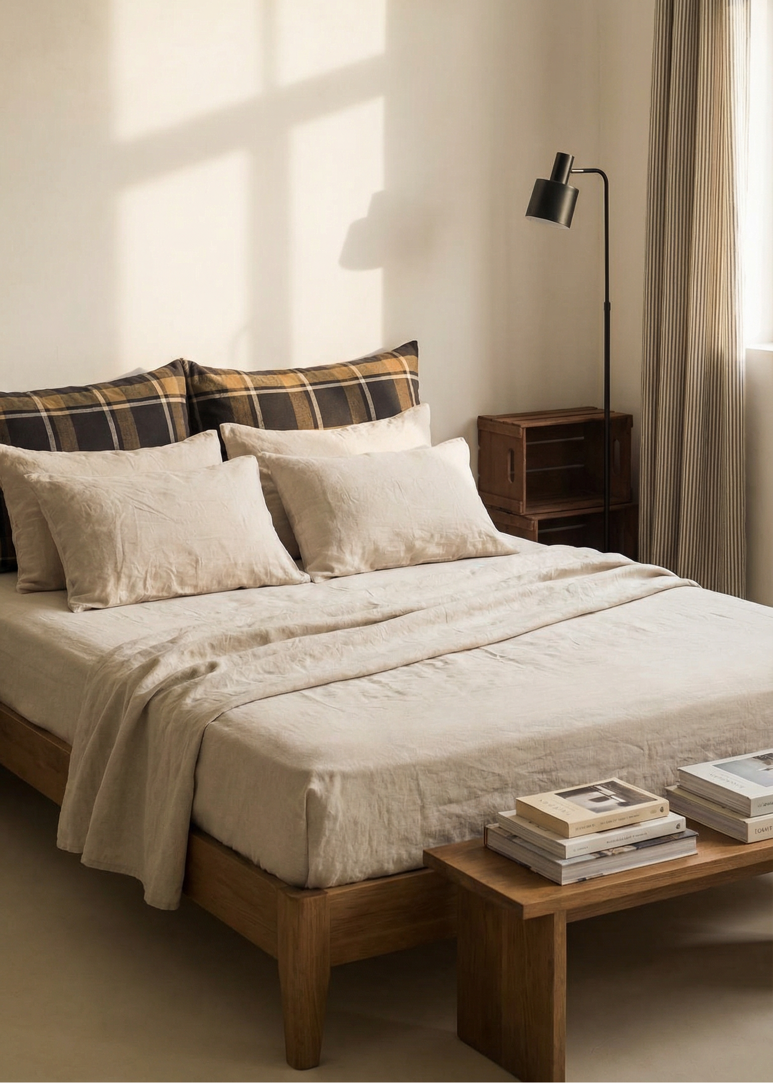 Cozy bedroom with a bed, side table, and lamp in a warm setting.