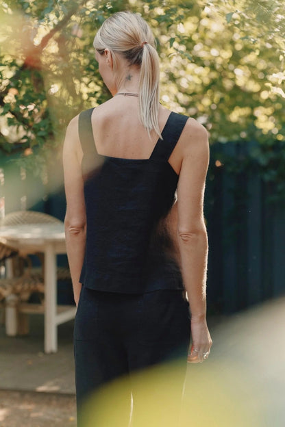 Polka Linen Top – Black