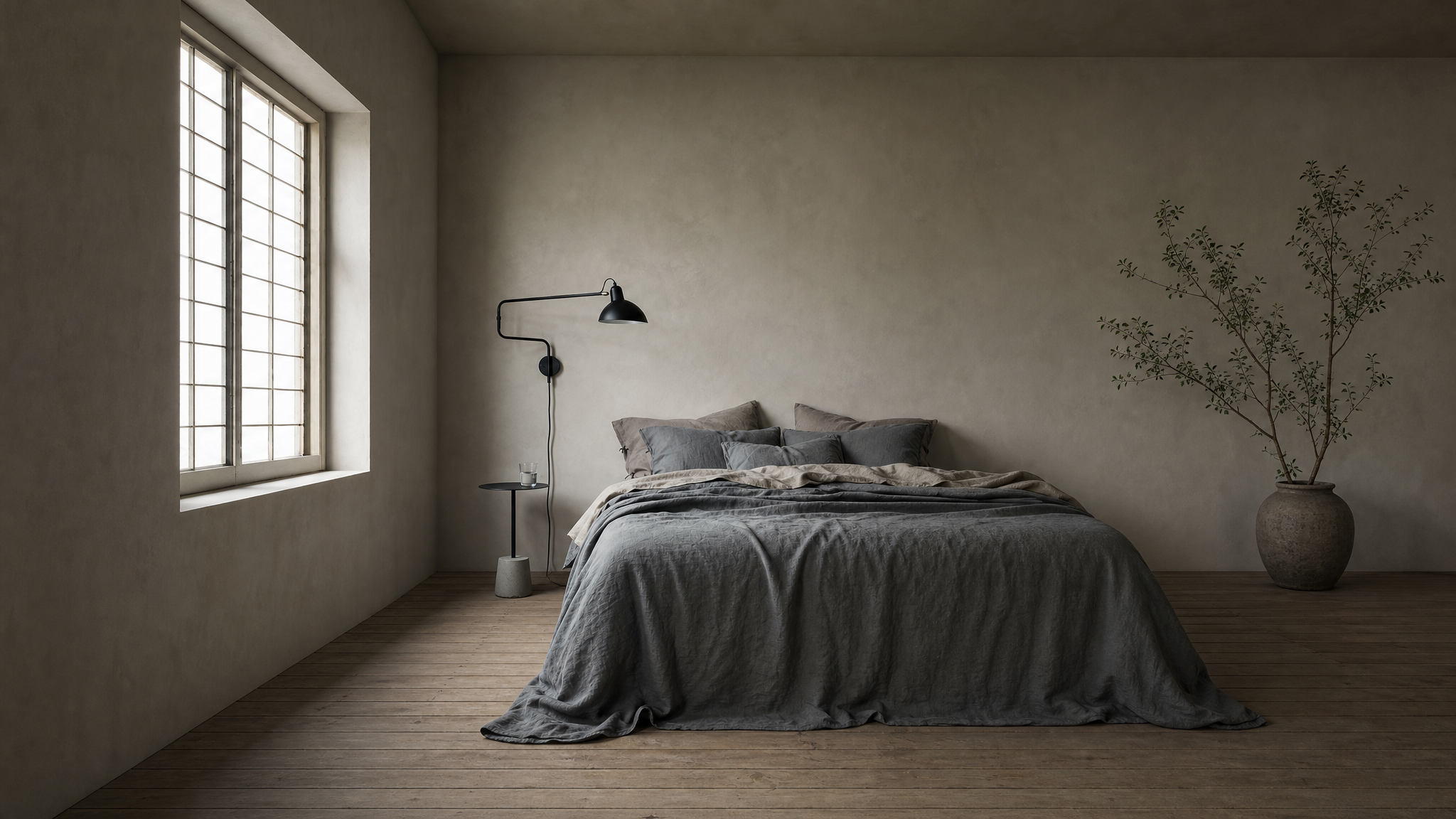 A minimalist bedroom scene with a neatly made bed covered in gray bedding, set against textured beige walls. A tall window with a grid pattern is on the left, casting light into the room, and a large ceramic vase with dried branches stands on the right.