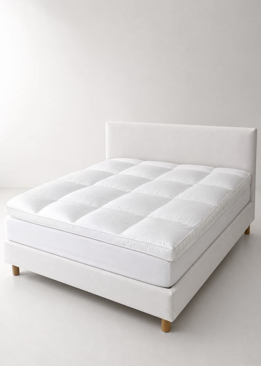 A white upholstered bed frame with a matching padded headboard and a quilted white mattress, photographed in a minimal white studio setting with light wood legs visible.