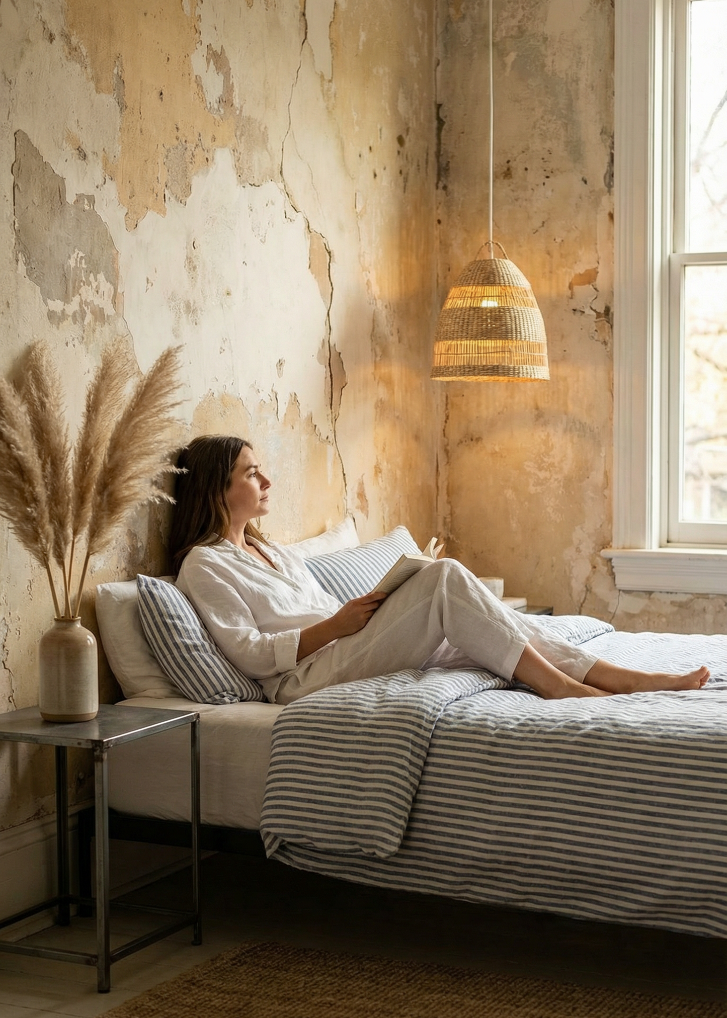 Woman reading a book on a bed in a cozy room with textured walls and a hanging light.