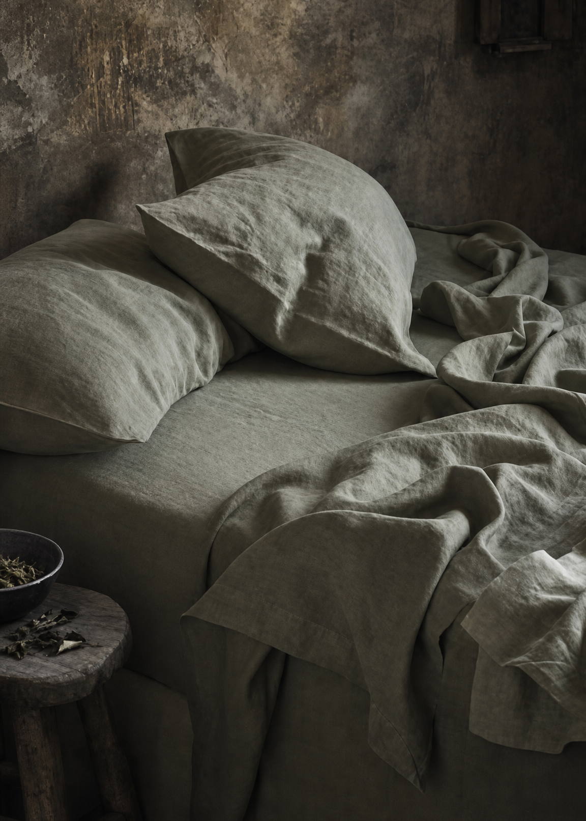 Bed with green bedding and pillows in a dimly lit room.