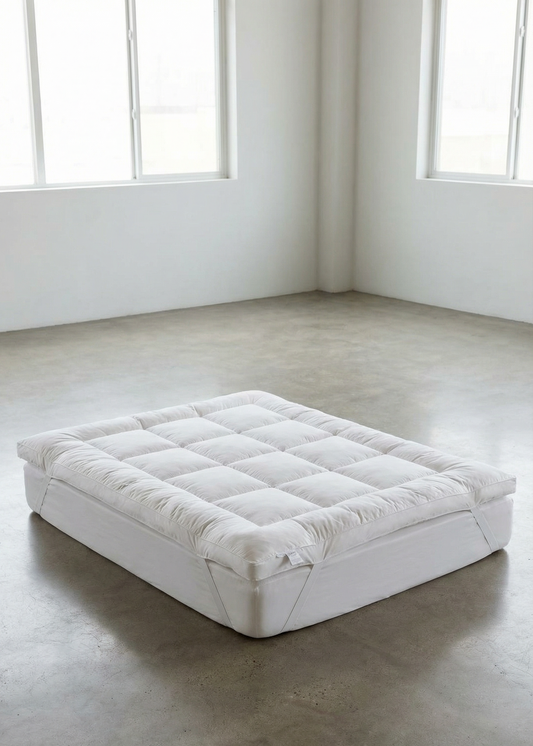 White mattress on a concrete floor with large windows in the background