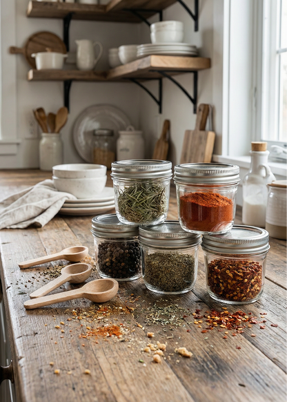 Spices in glass jars on a wooden kitchen counter with shelves in the background