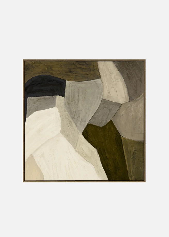 Abstract art piece with geometric shapes in earthy tones on a white background