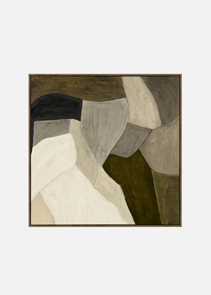 Abstract art piece with geometric shapes in earthy tones on a white background