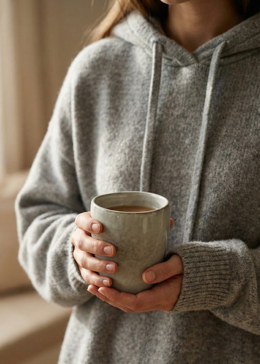 Person wearing a gray hoodie holding a ceramic mug indoors