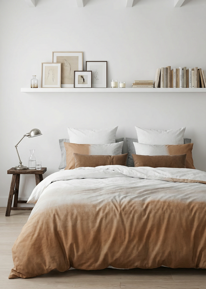 Neatly made bed with brown and white bedding in a room with white walls and wooden beams.