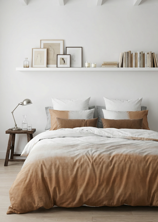 Neatly made bed with brown and white bedding in a room with white walls and wooden beams.