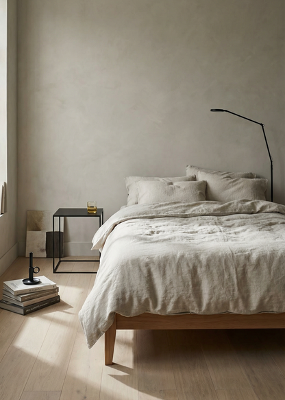 Minimalist bedroom with a bed, side table, and lamp against a plain wall.