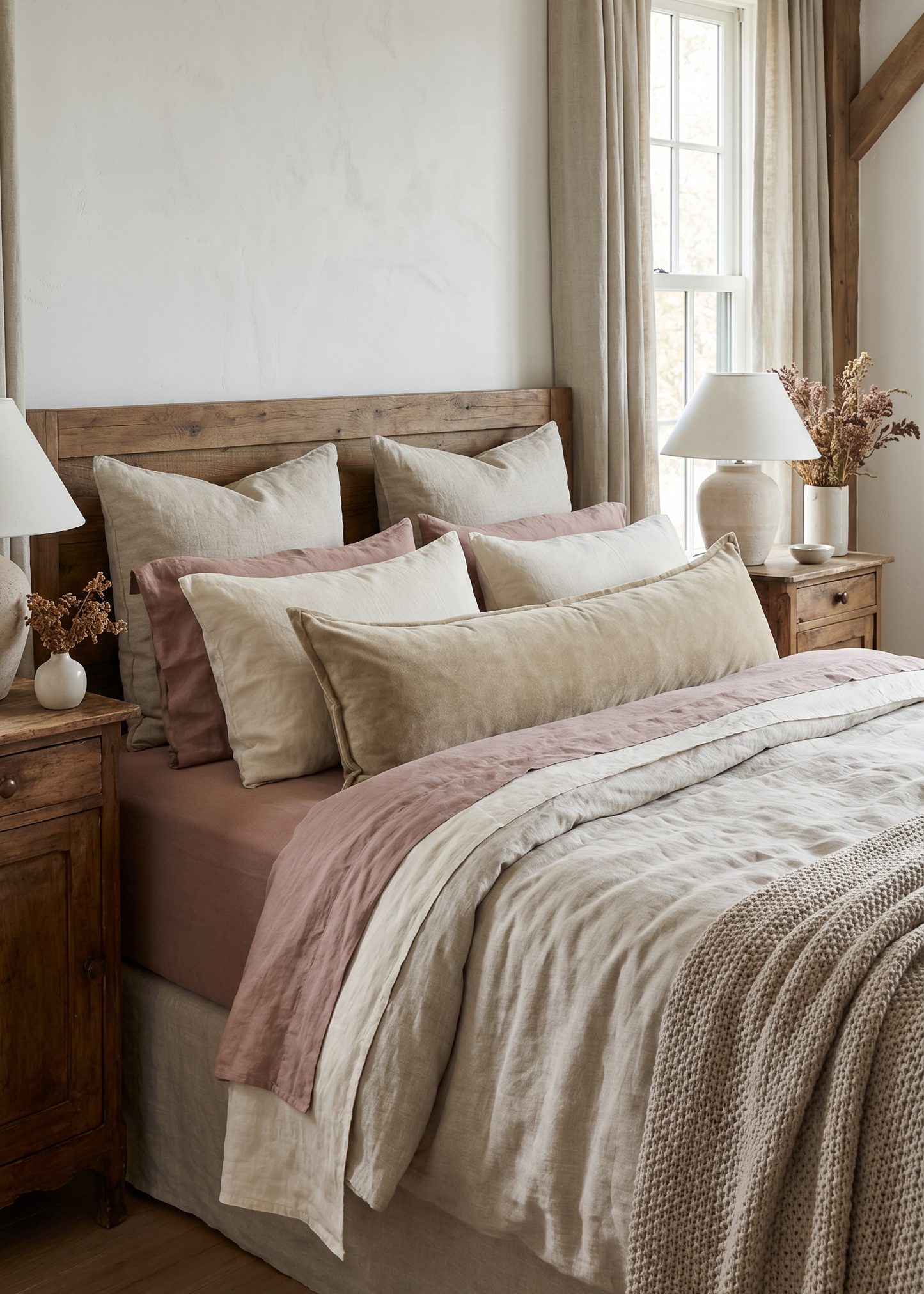 Cozy bedroom with wooden bed frame, pillows, and lamps.