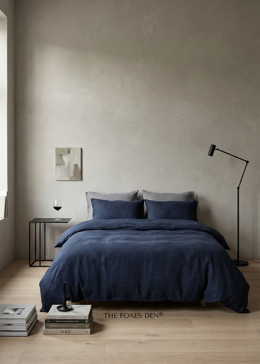 Modern bedroom with a bed covered in dark blue bedding, a lamp, and minimal decor.