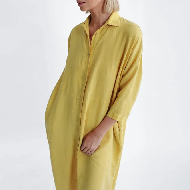 Oversized Linen Shirt Dress - Yellow