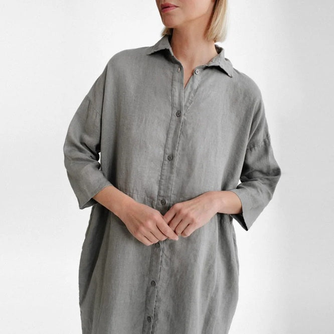 Oversized Linen Shirt Dress - Grey