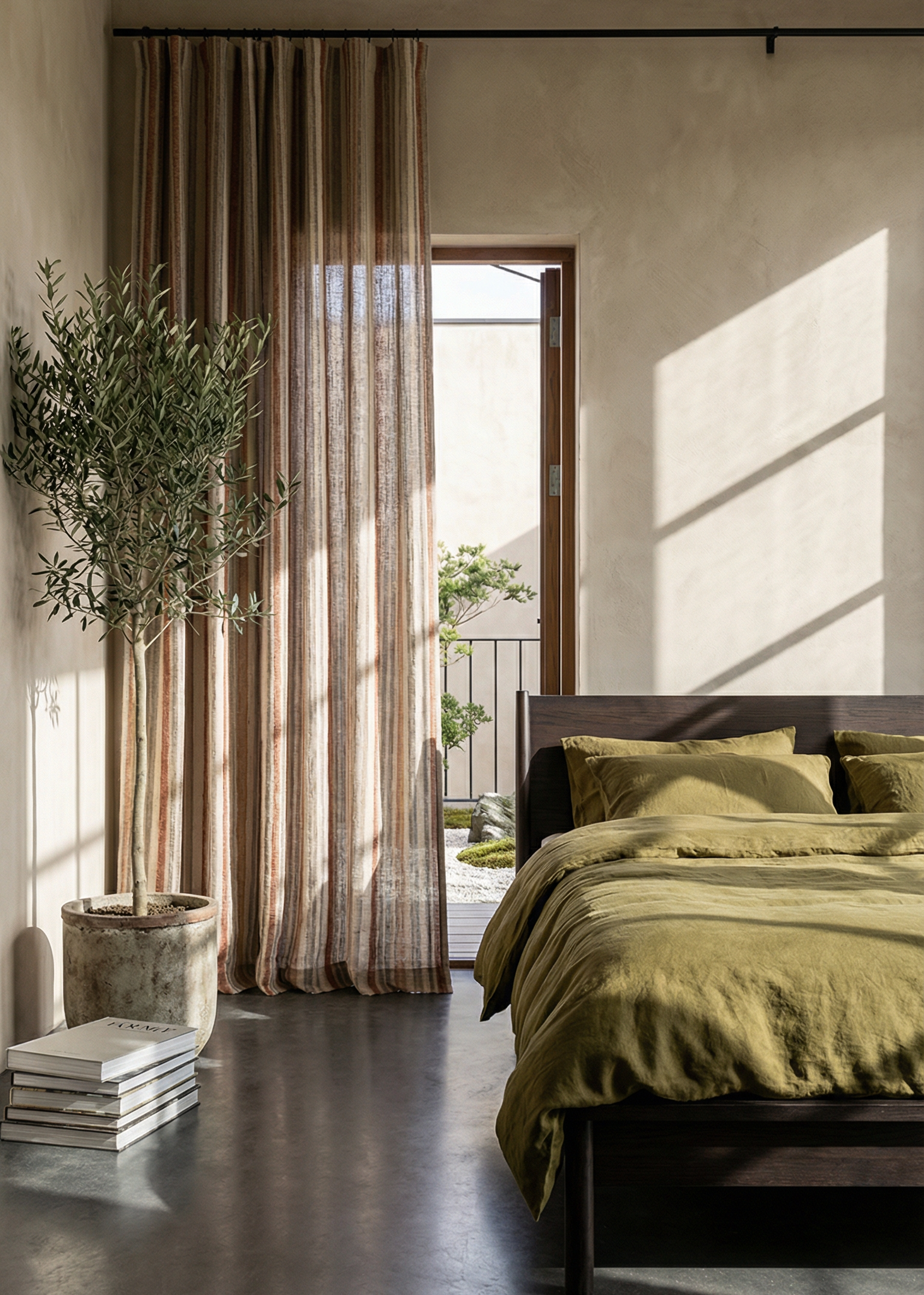 Modern bedroom with green bedding, large window, and decorative plants.