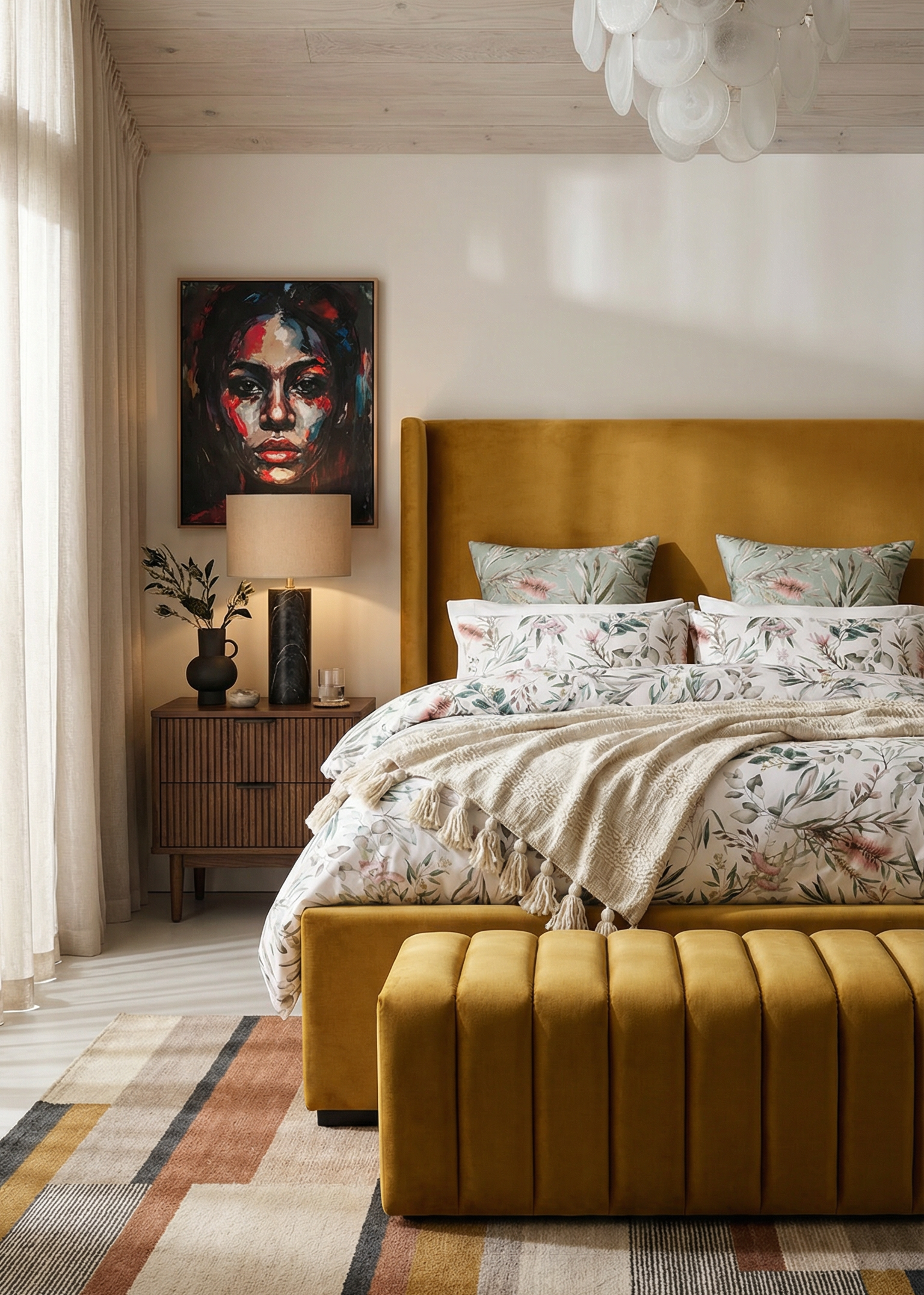 Modern bedroom with mustard yellow bed and ottoman, floral bedding, and abstract art on the wall.