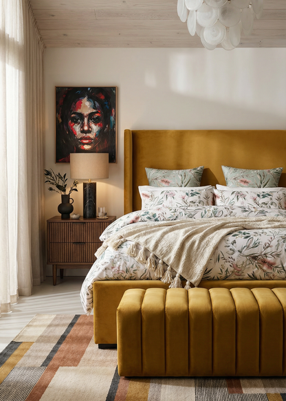 Modern bedroom with mustard yellow bed and ottoman, floral bedding, and abstract art on the wall.