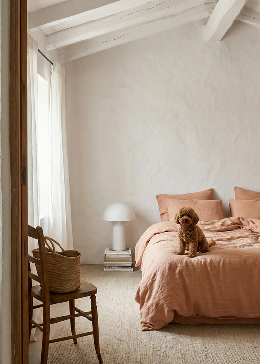 Bedroom with pink bedding and a small dog, viewed through a wooden frame.