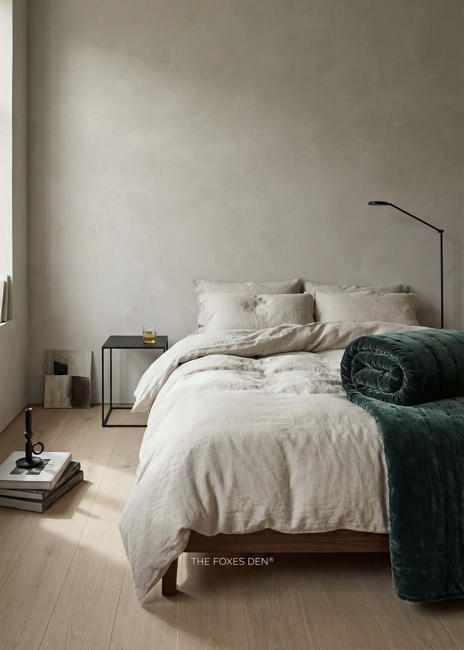 Minimalist bedroom with a bed and side table against a plain wall.
