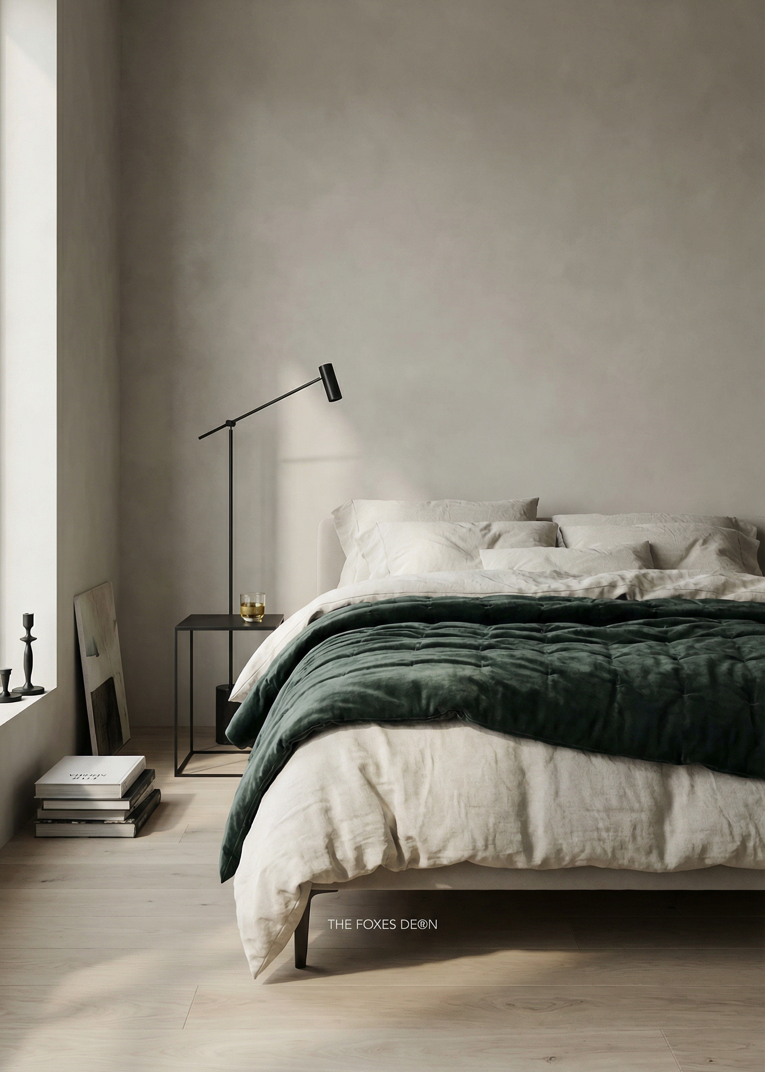 Modern bedroom with a bed, lamp, and minimal decor.