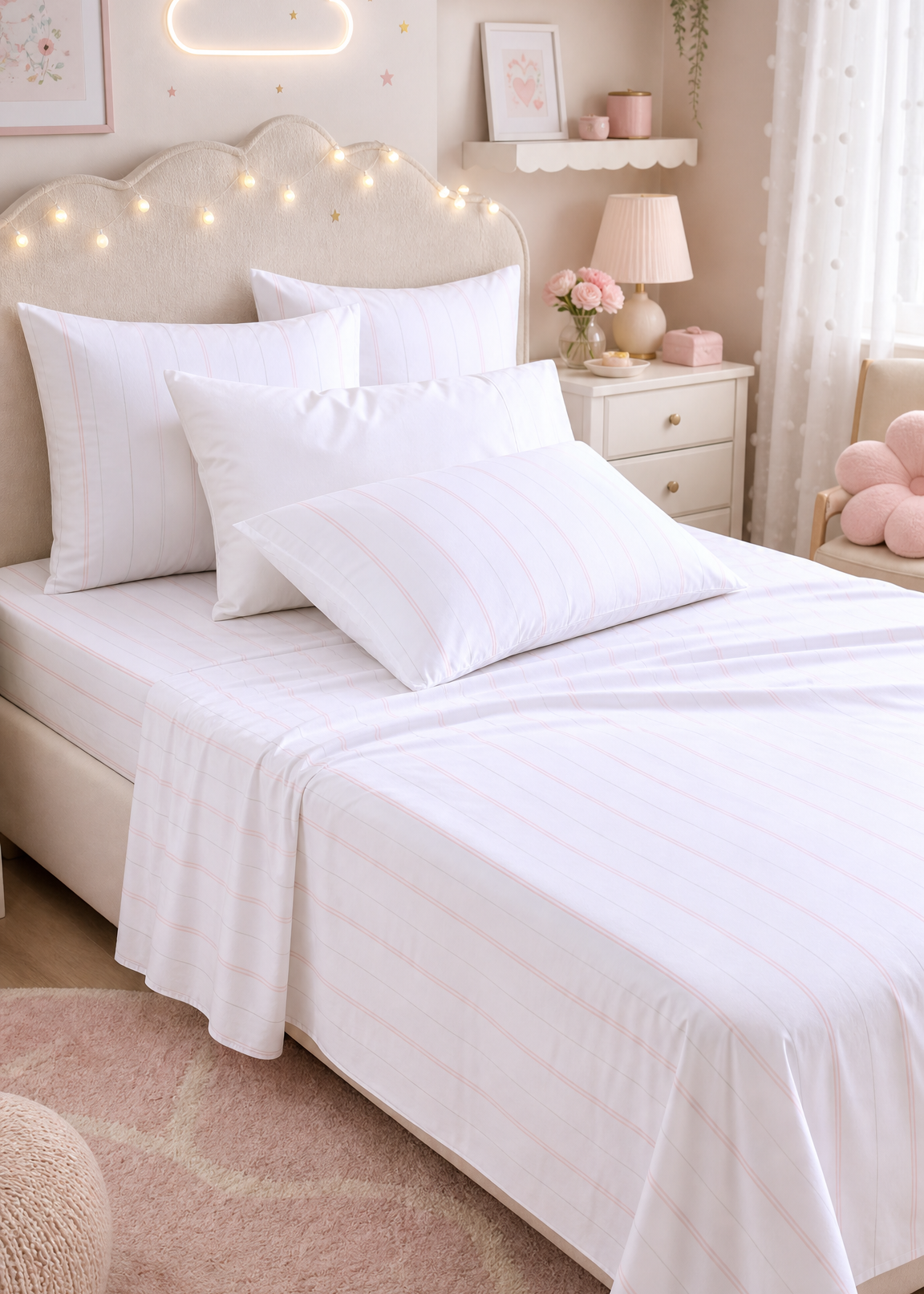 Neatly made bed with white bedding in a bedroom setting.