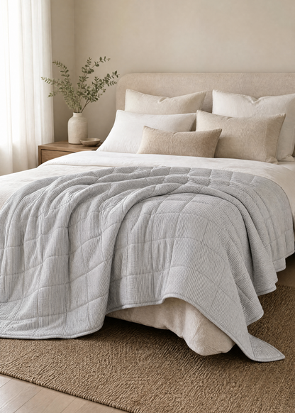 Neatly made bed with light gray quilt and pillows in a softly lit bedroom.