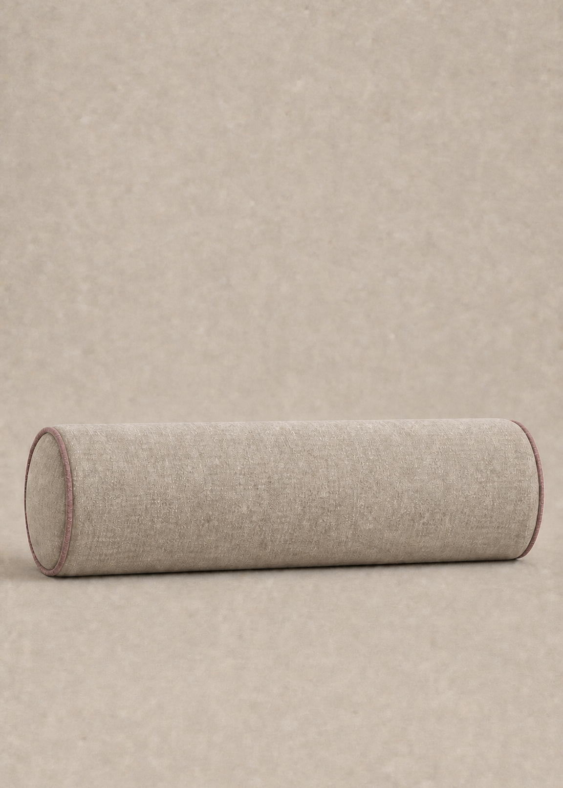A cylindrical floor cushion in a light beige textured fabric, shown from a side profile view against a matching beige background.