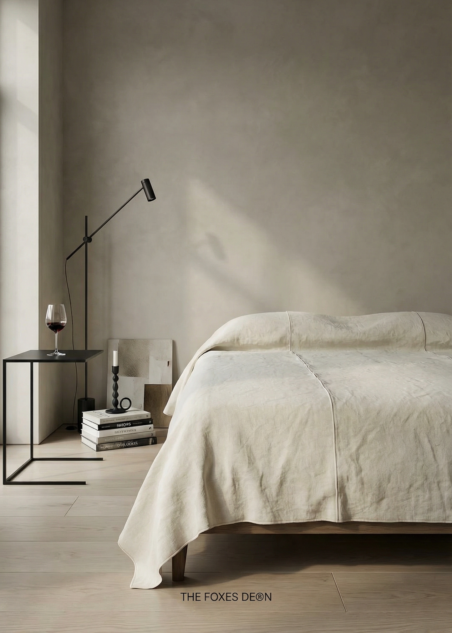 Modern bedroom with a bed, nightstands, and minimal decor.