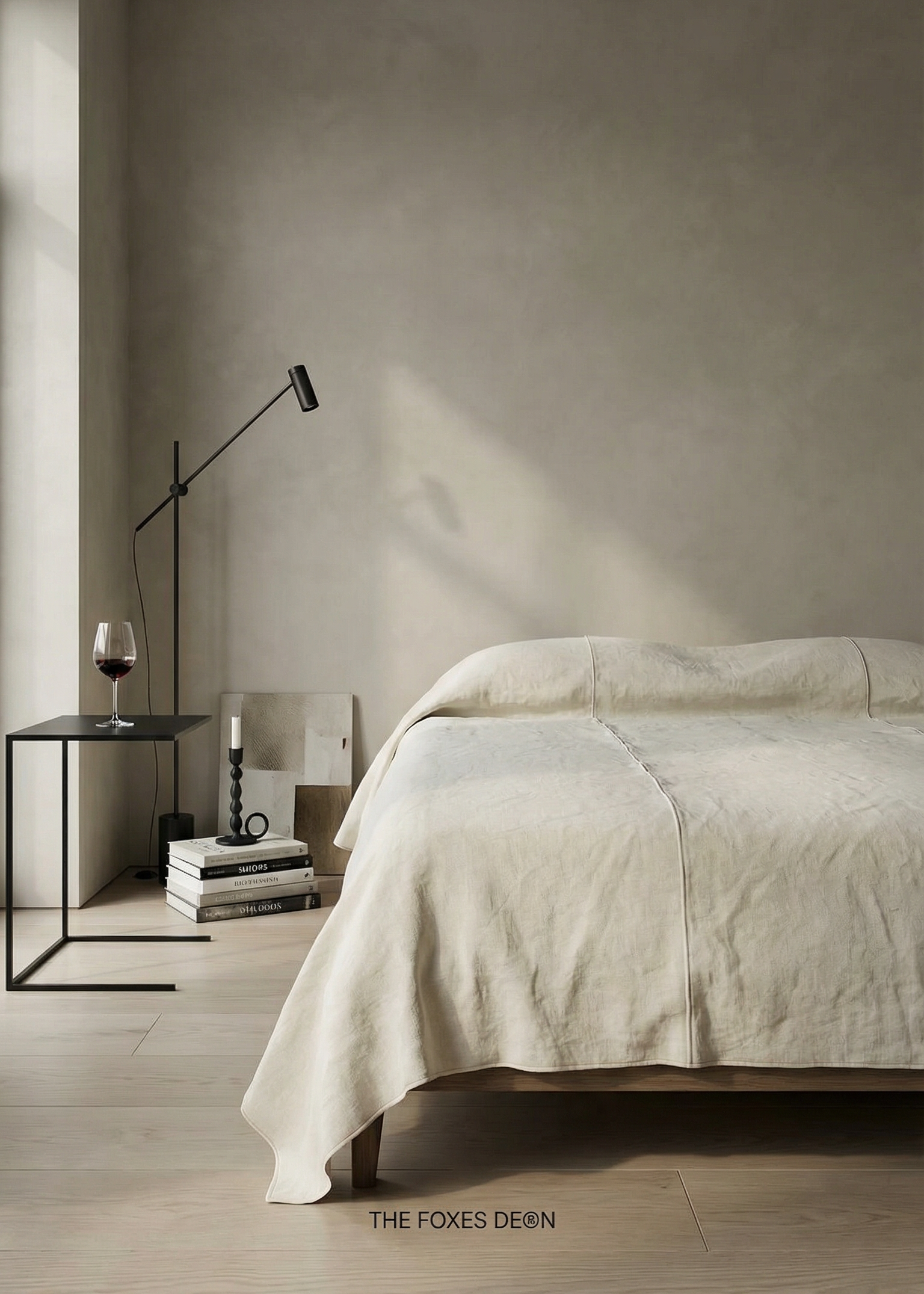 Modern bedroom with a bed, nightstands, and minimal decor.