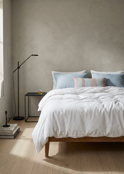 Neatly made bed with white bedding and light blue pillows in a minimalistic bedroom.