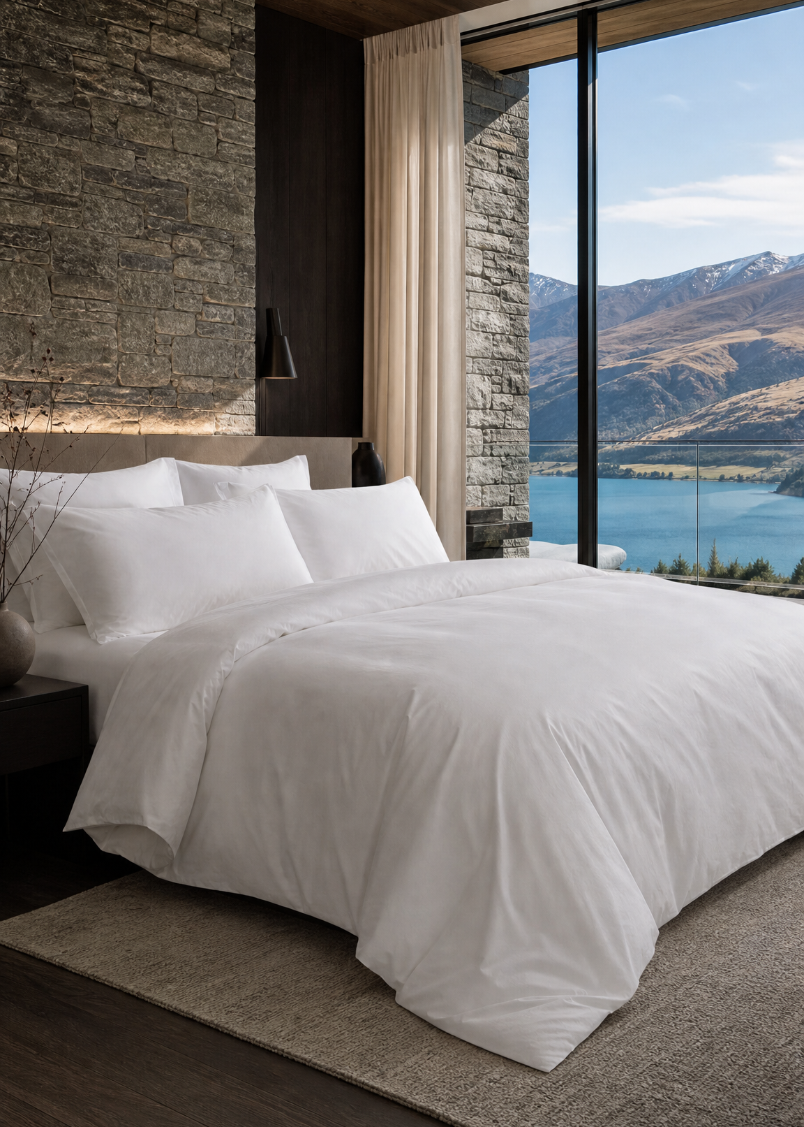 A luxury bedroom featuring a neatly made bed with crisp white bedding, set against a rustic stone wall and large floor-to-ceiling windows that offer a stunning view of a mountain lake.