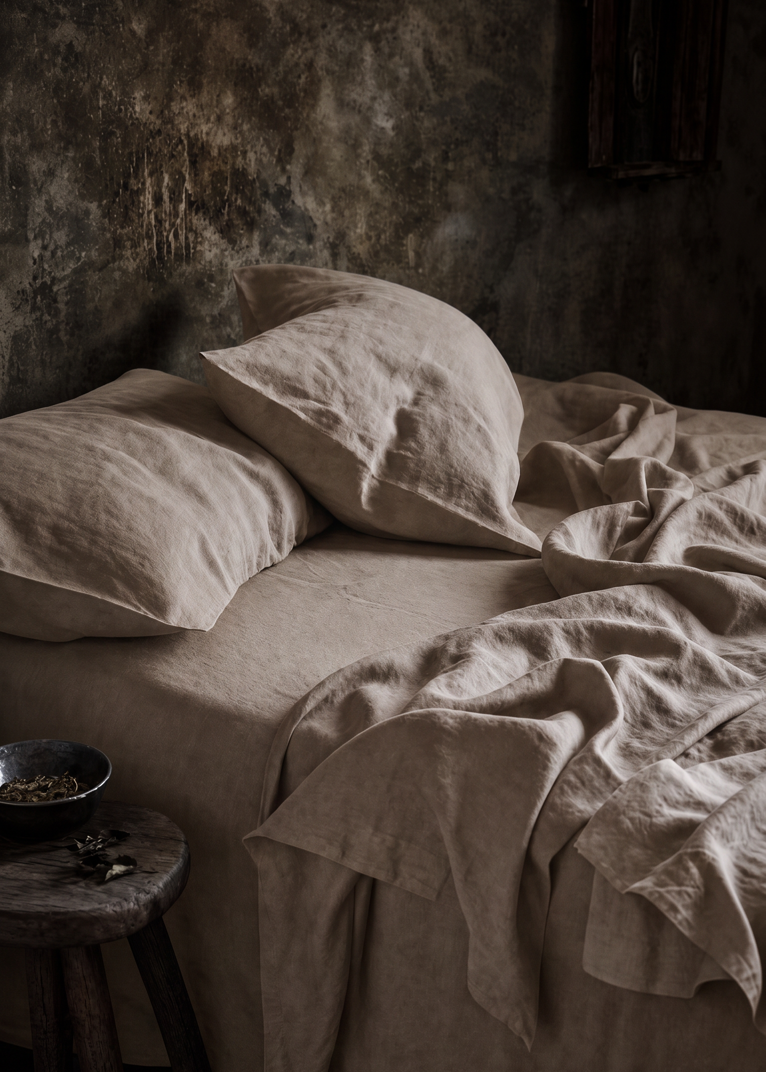 Natural linen bedding set in a rustic bedroom setting, featuring beige sheets and matching pillows with a crumpled throw blanket on a bed.