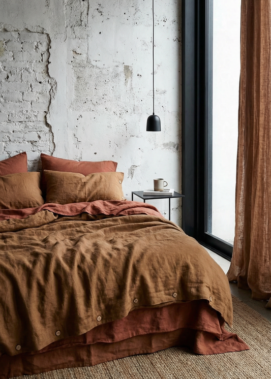 Bedroom with brown bedding and decor against a textured wall.