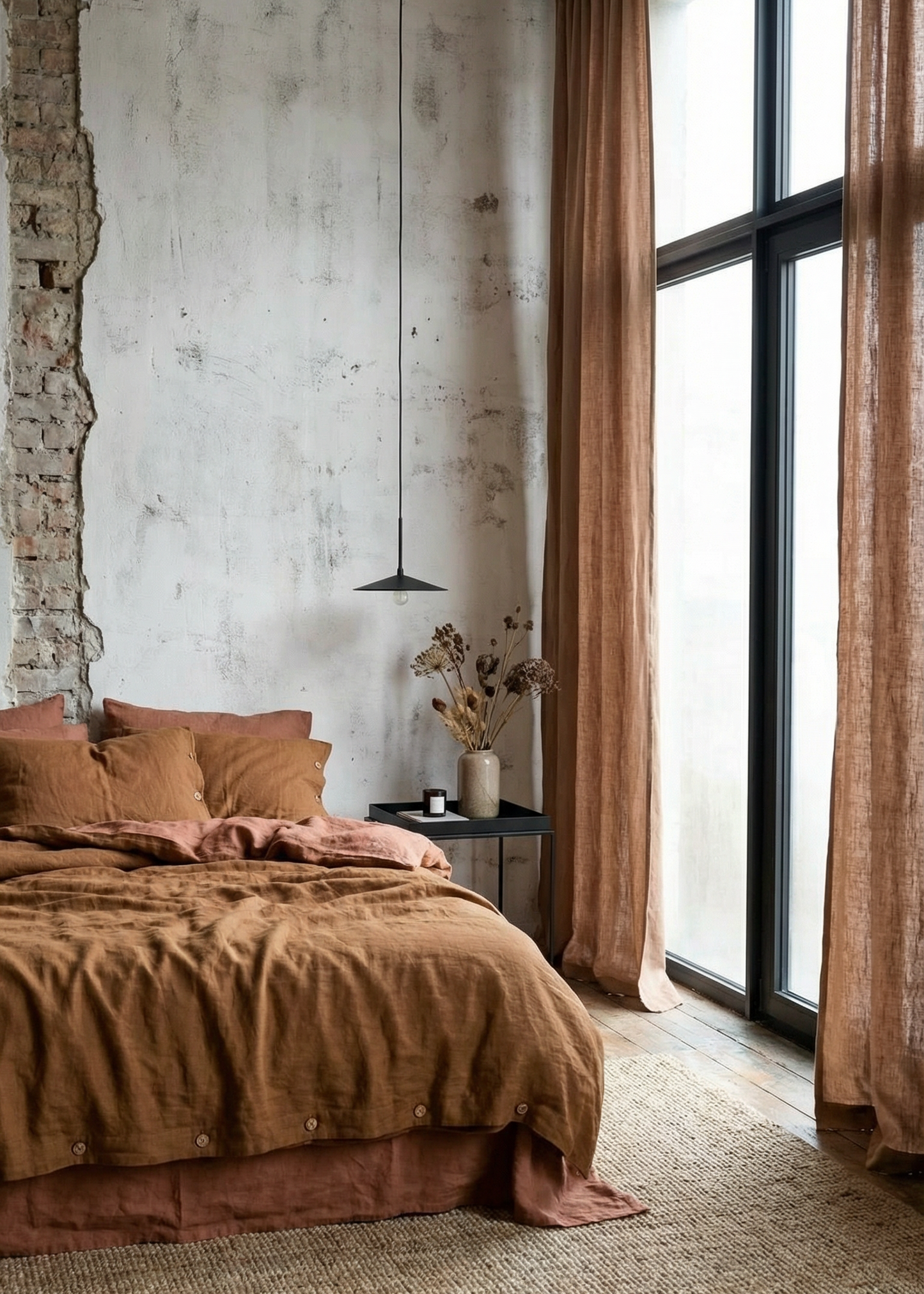 Cozy bedroom with brown bedding and curtains, exposed brick wall, and large window.